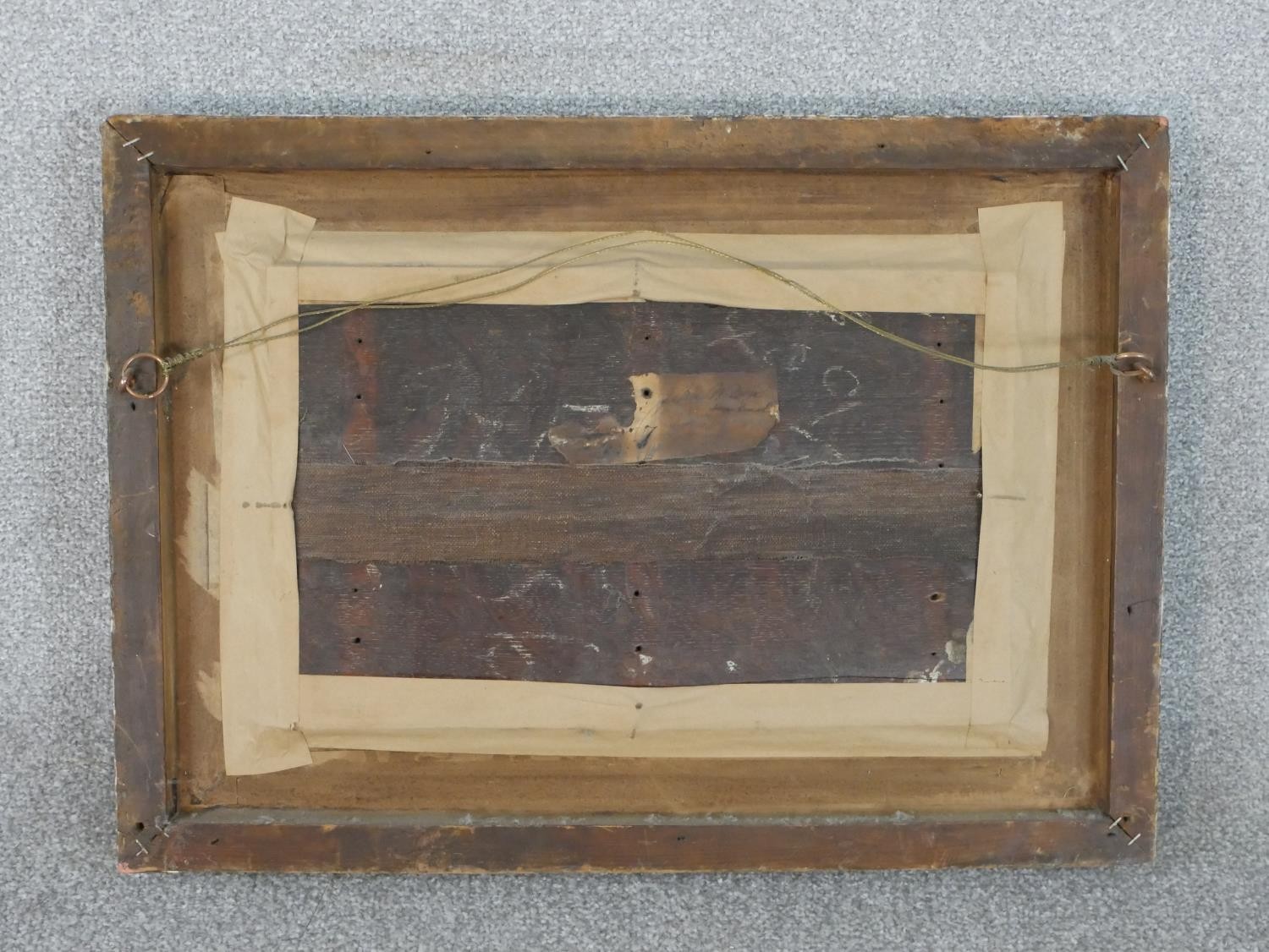 A 19th century carved gilt framed oil on board of fishing boats and figures on a beach, unsigned. - Image 6 of 6
