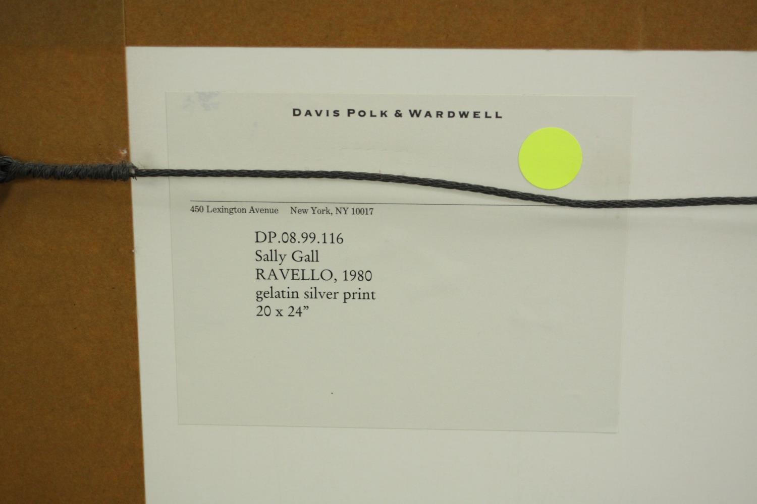 Sally Gall (b. 1956), Ravello, 1980, gelatin silver print, with Davis Polk & Wardwell label verso. - Image 6 of 6