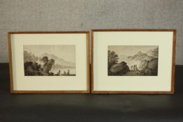 A pair of early 19th century brown wash drawings of hill views with figures, unsigned. H.28 W.