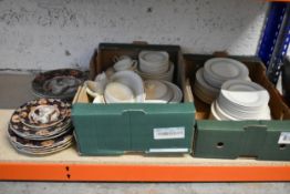 A shelf of ceramics including a Midwinter Dinner Service.
