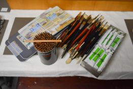 A quantity of art supplies including a good selection of Rosemary & Co. brushes.