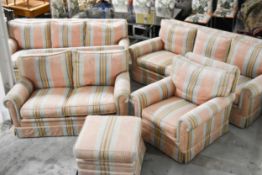 A five piece lounge suite in striped upholstery, viz: Two 3 seater sofas H.80 x W.210 x D.95cm a 2