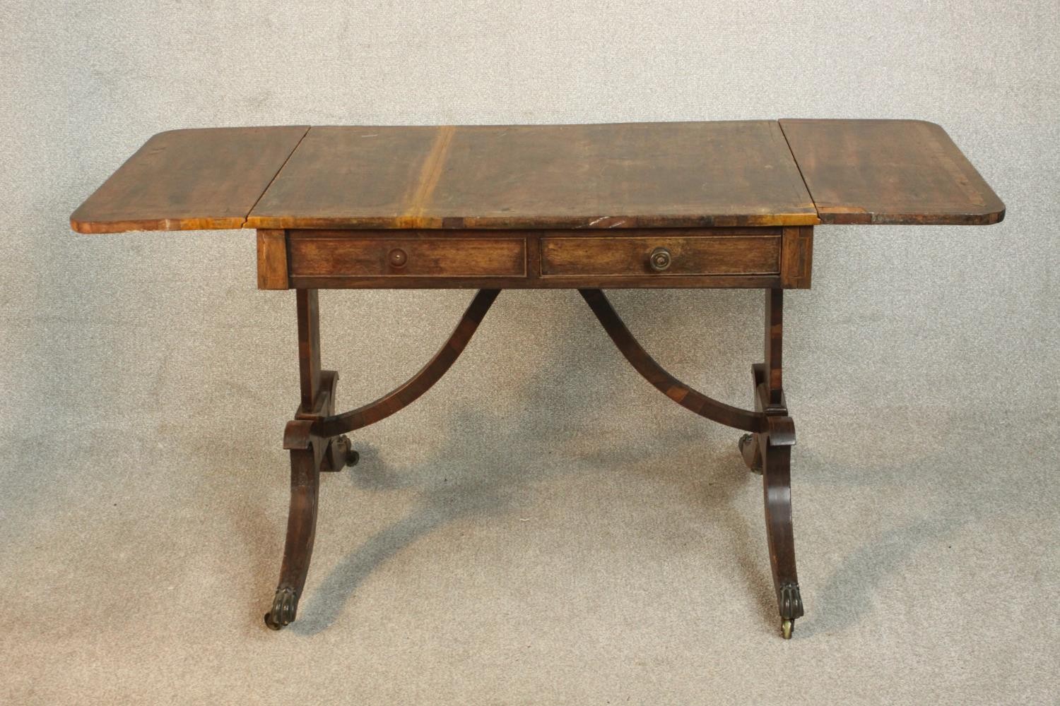 A George III mahogany and crossbanded sofa table with two drop leaves and two drawers, on end - Image 9 of 9