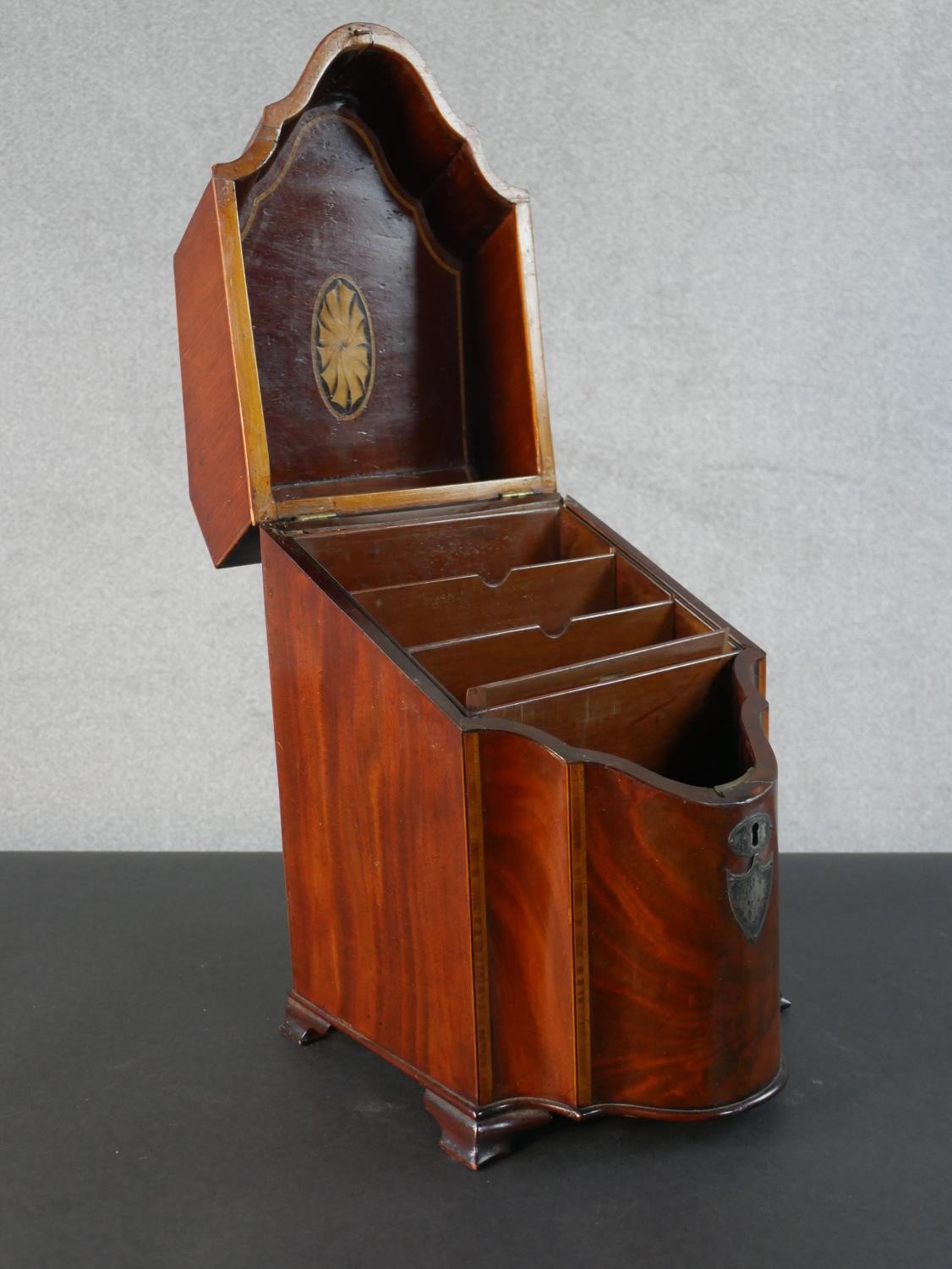 A 19th century flame mahogany and satin wood inlaid knife box with a white metal shield shape - Image 2 of 7