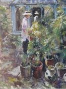 Bruce Yardley (b.1962), oil on canvas, figures in the garden with greenhouse in the background,