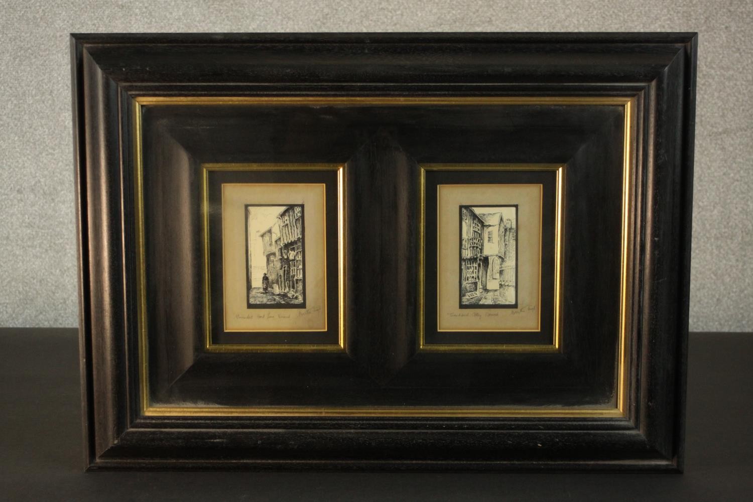 A framed pair of pen sketches of Norwich street scenes, each signed indistinctly and titled. H.49