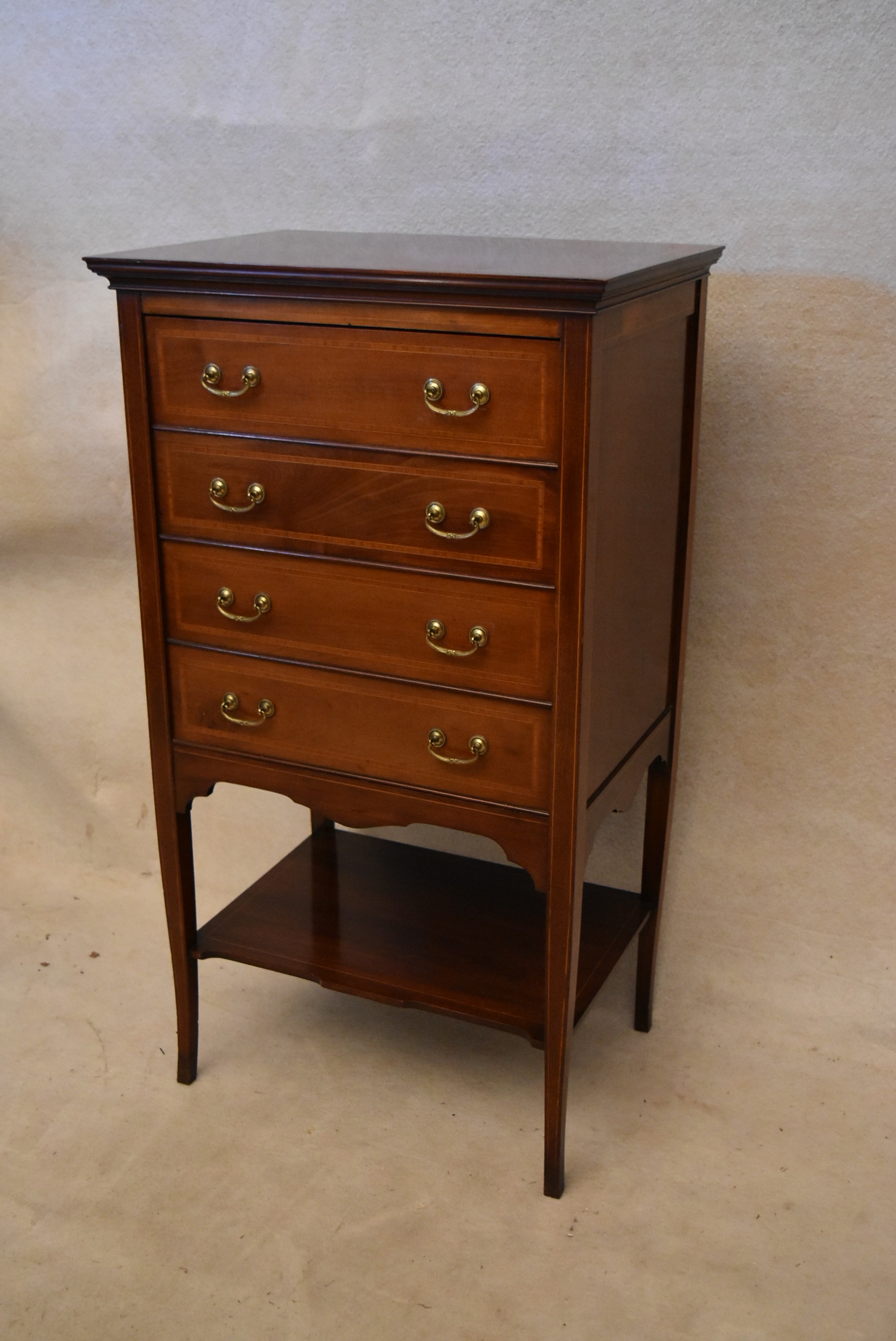 An Edwardian mahogany and inlaid music chest, the four long drawers with fall fronts over an - Image 3 of 5