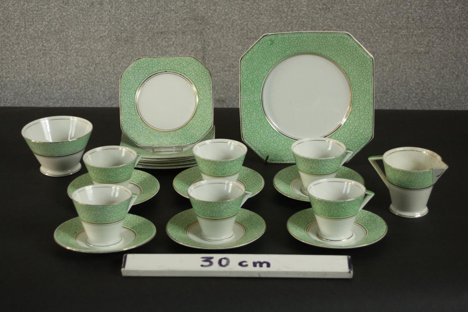 A circa 1940's Palissy Ware china coffee set, with printed green patterned borders. H.22 W.22cm. ( - Image 2 of 9