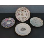 Three 19th century hand painted porcelain plates and a transfer ware 19th century Grisaille