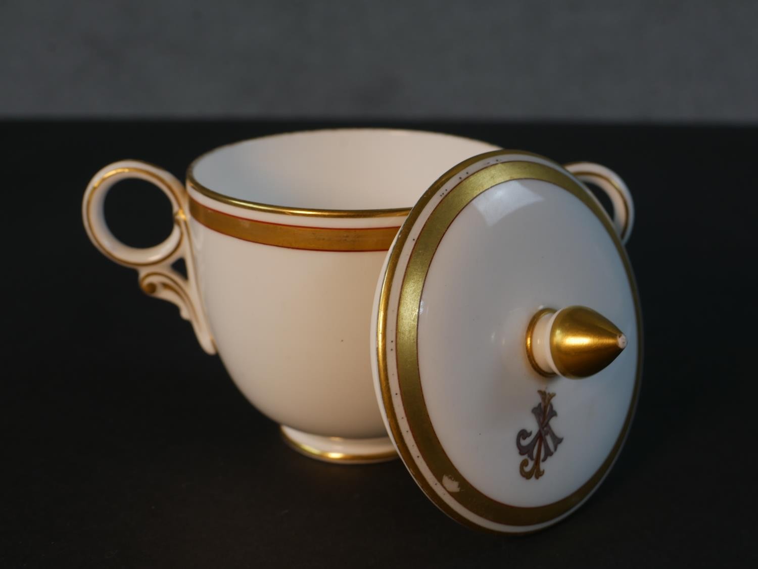 A 19th century Crown Derby gilded porcelain lidded twin handled hot chocolate cup and saucer. Each - Image 5 of 6