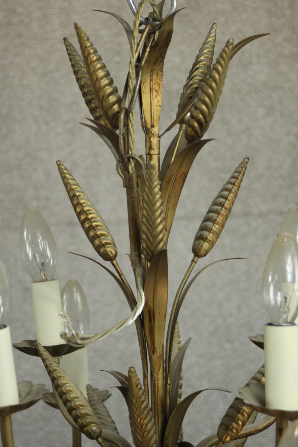 A Maison Jansen style brass and toleware chandelier, of wheatsheaf form, with twelve branches over - Image 4 of 7