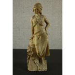 A late 19th century carved alabaster figure of a young lady leaning on a jar. H.50 W.15 D.12cm.
