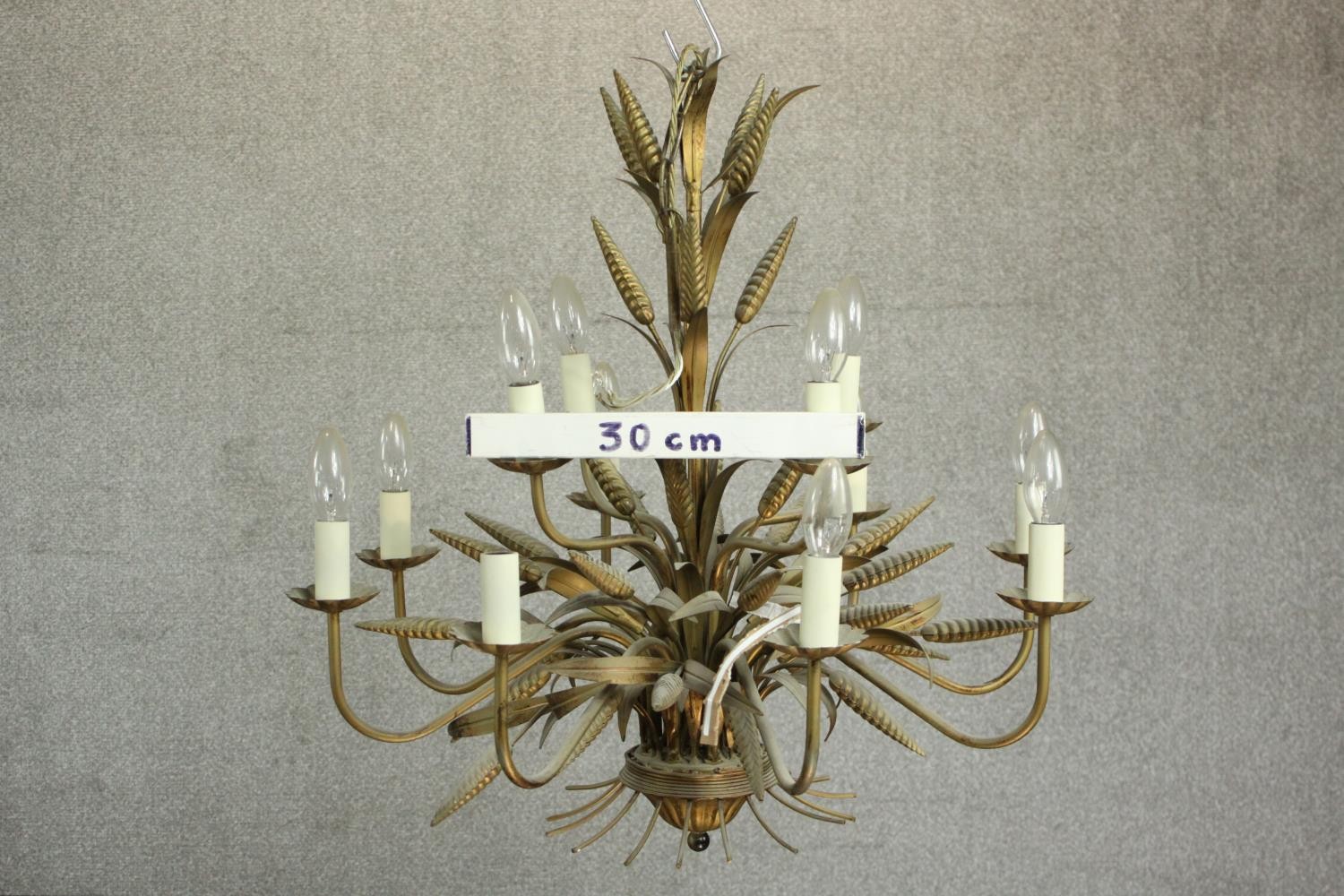 A Maison Jansen style brass and toleware chandelier, of wheatsheaf form, with twelve branches over - Image 2 of 7