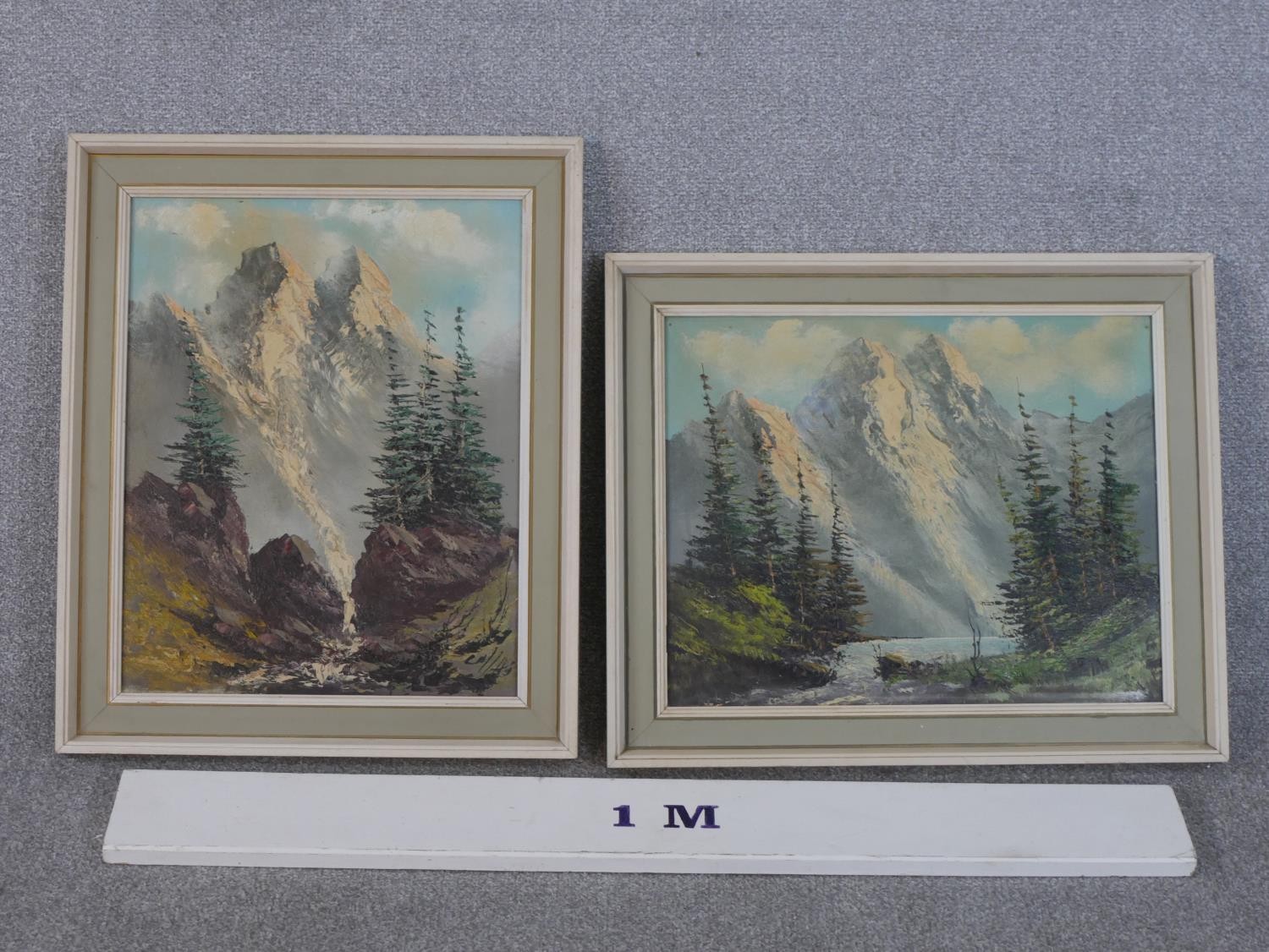 Two framed oils on canvas of Alpine mountain river landscapes, indistinctly signed. H.60 W.50cm - Image 2 of 5