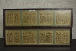 Two framed and glazed sets of eight pages of woodblock prints and characters from a book on