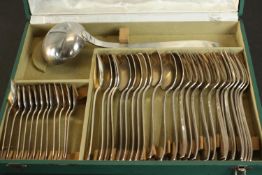 A cased Christofle silver plate soup set for twelve. Makers stamp to each piece. H.7 W.40 D.30cm.