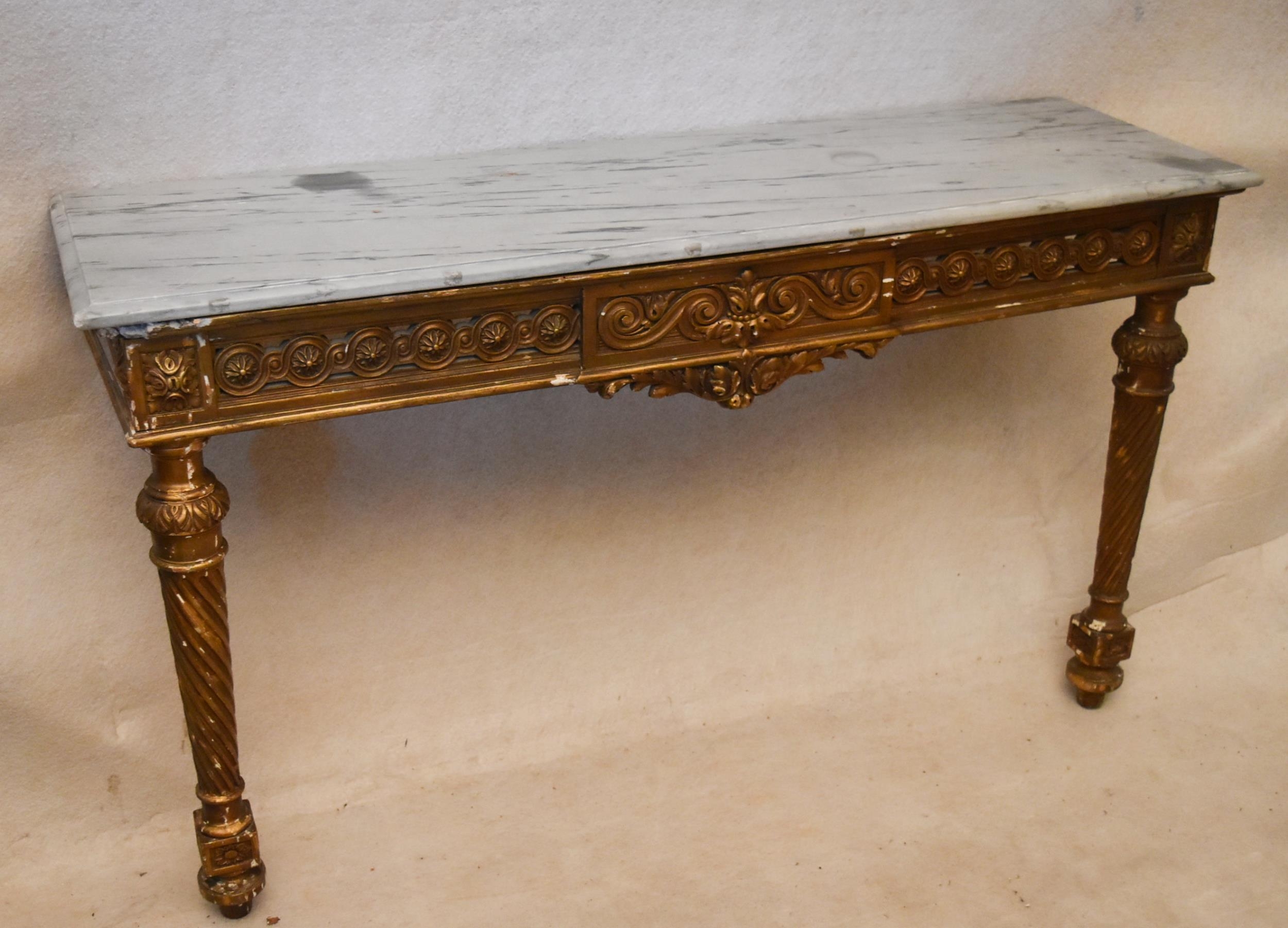 A 19th century Continental giltwood console table, the rectangular marble top with a moulded edge - Image 3 of 7