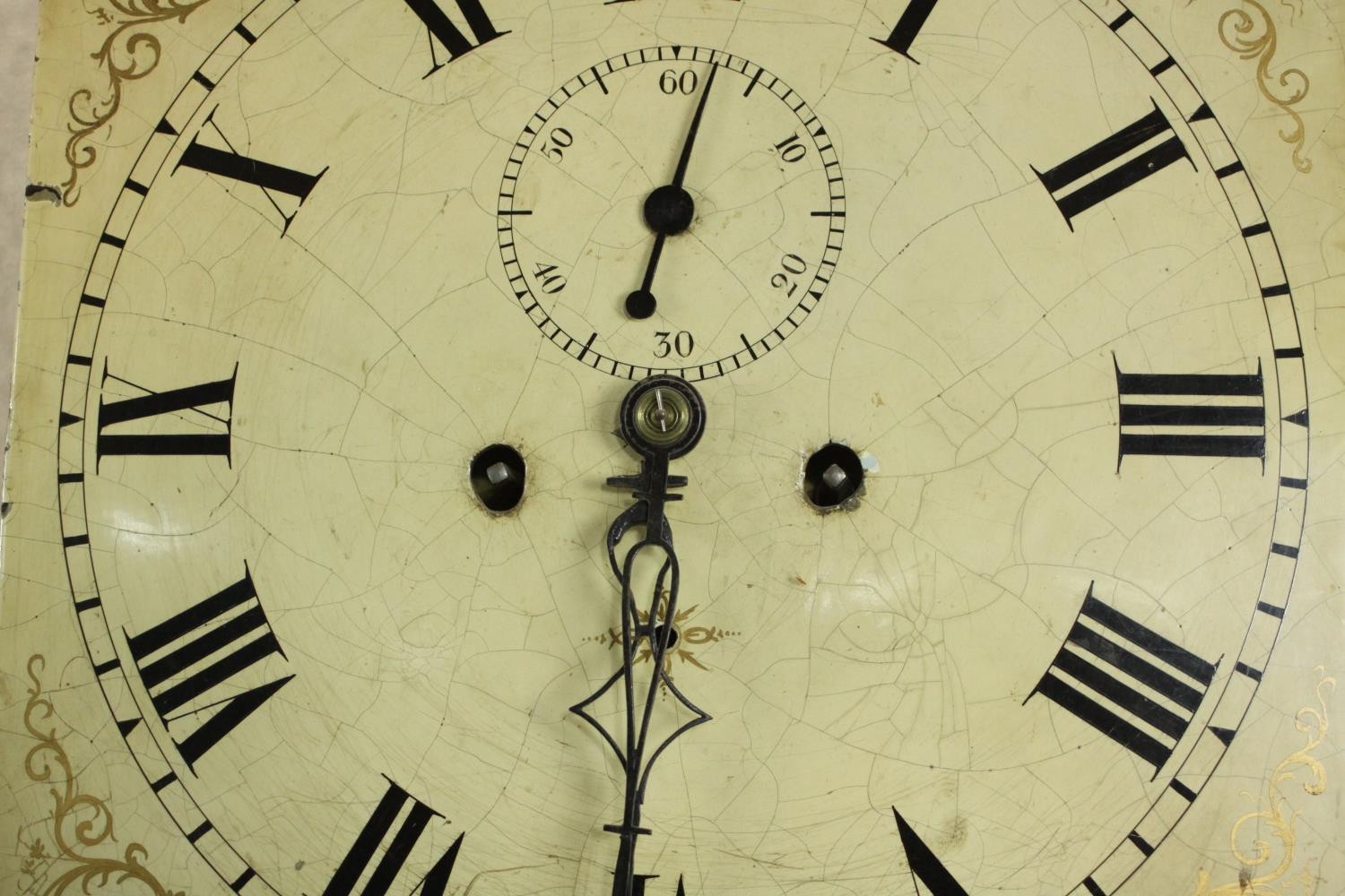 A 19th century carved oak longcase clock, the hood with a swan neck pediment and reeded columns, the - Image 6 of 13