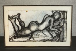 A large framed charcoal and pastel of a lying nude, indistinctly signed. H.58 W.95cm.