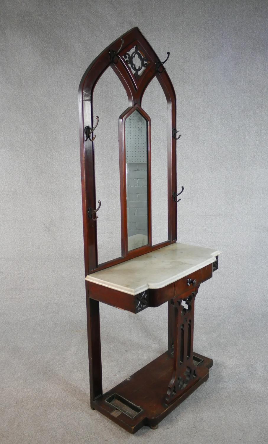 A Victorian Gothic Revival walnut hallstand, of arched form with a pierced panel centred by a - Image 2 of 6