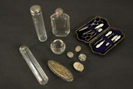 A collection of silver and silver plate, including a dressing table box, a silver engraved twin