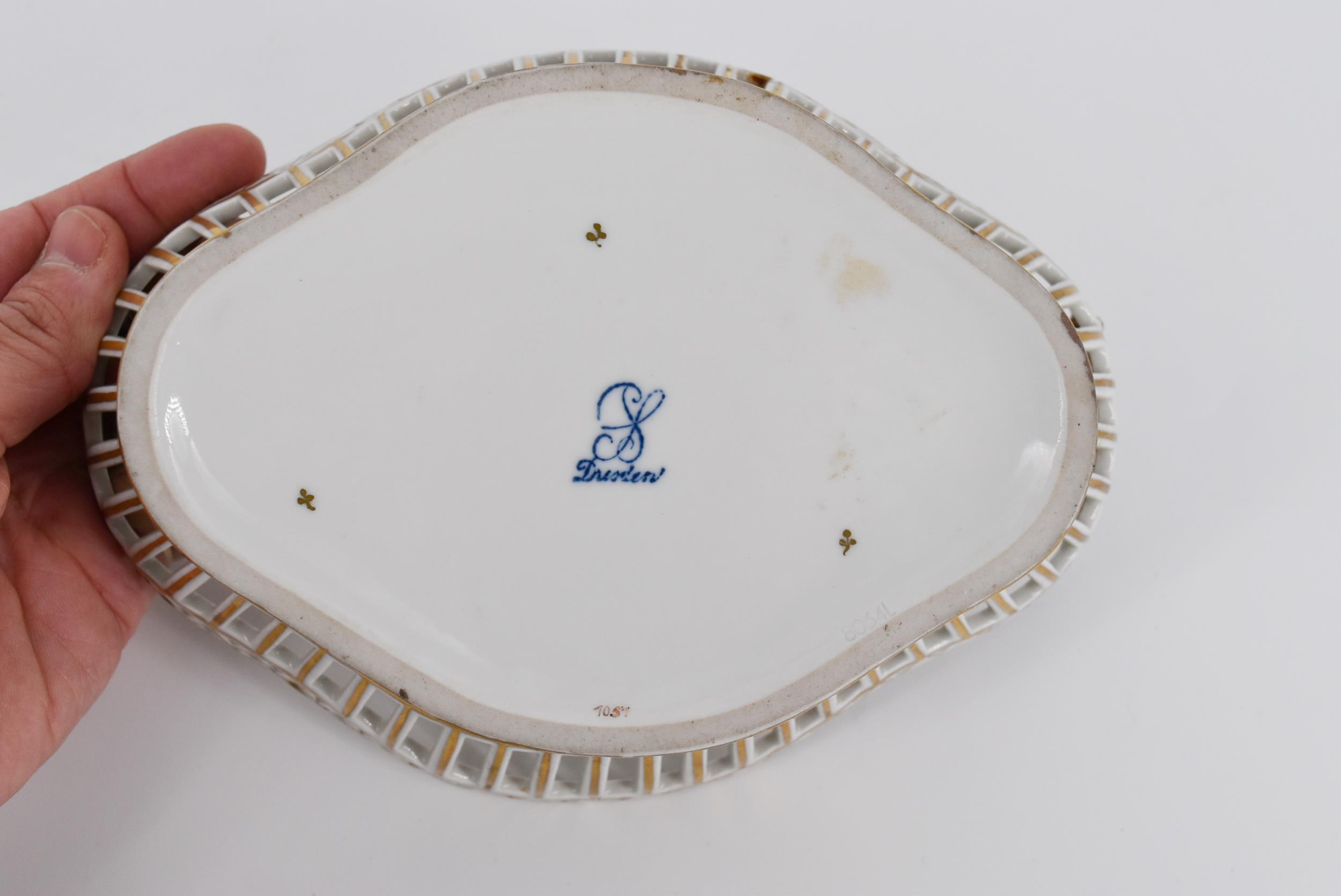 A 20th century Dresden porcelain comport, with a pierced and flared rim, encrusted with flowers, - Image 8 of 8