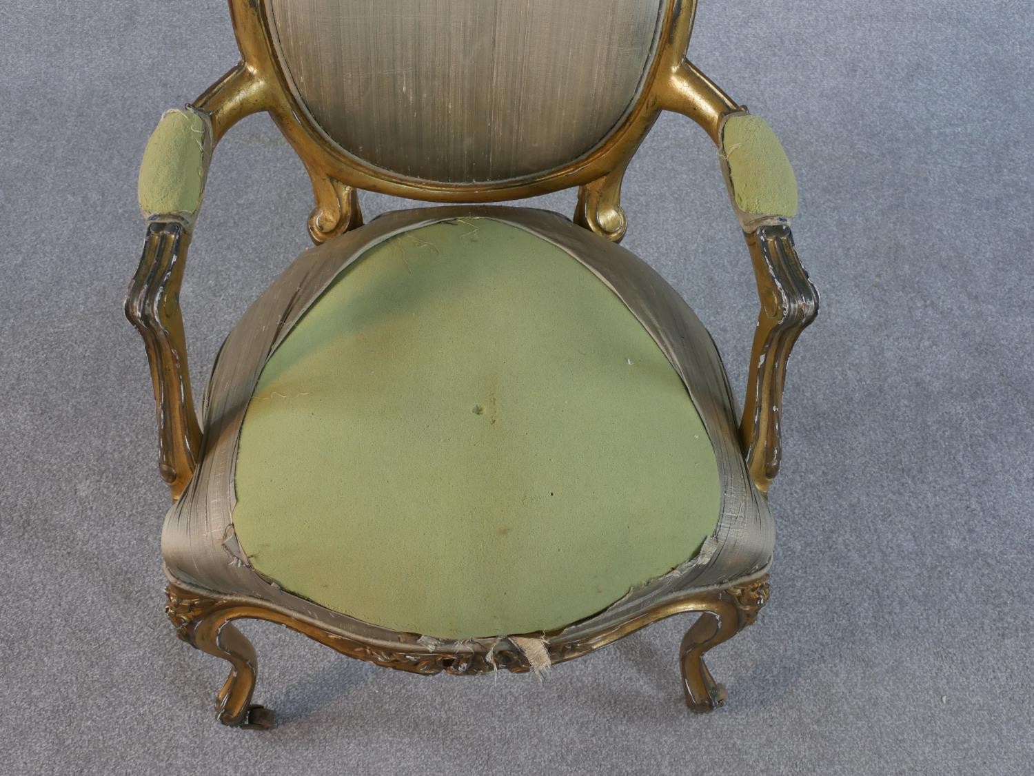 Two French Louis XV style fauteuil armchairs, one gilded and upholstered in silk (upholstery - Image 7 of 9