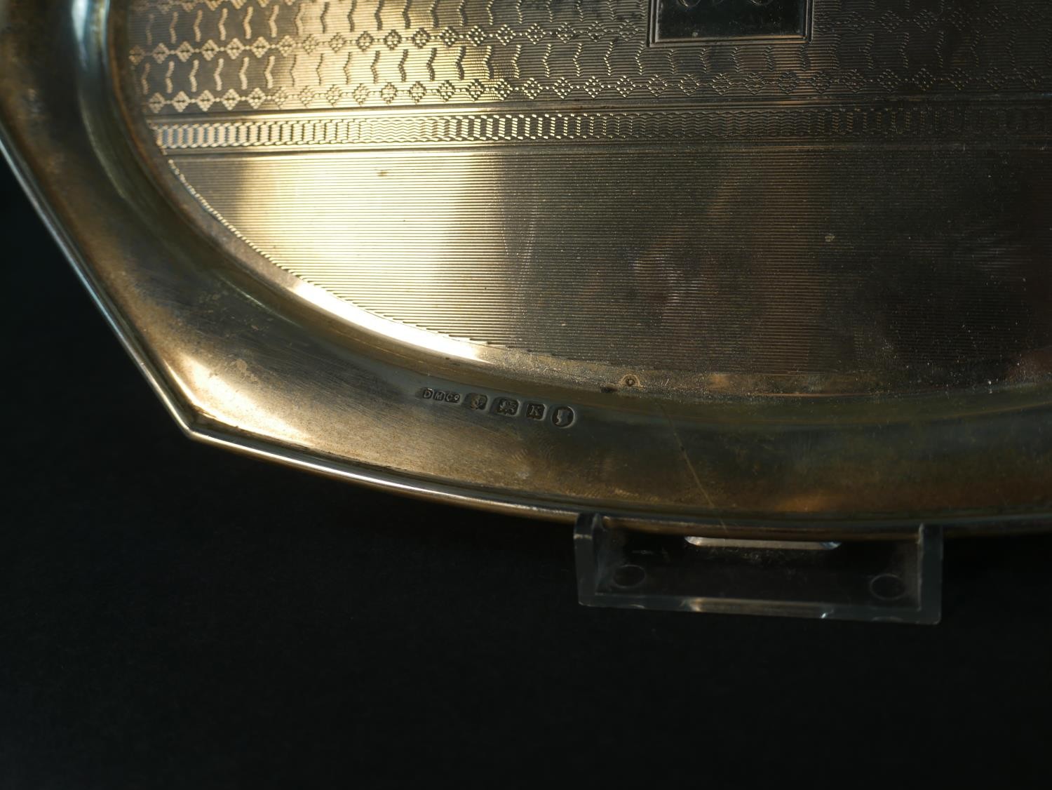 An Art Deco silver engraved and engine turned decorated hexagonal tray. Hallmarked:Davis, Moss & Co, - Image 4 of 5