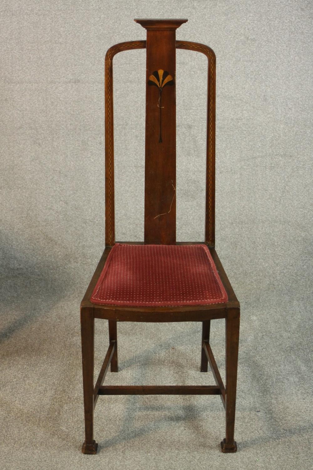 A pair of marquetry inlaid Arts & Crafts oak high back side chairs, the back inlaid with an Egyptian - Image 4 of 9