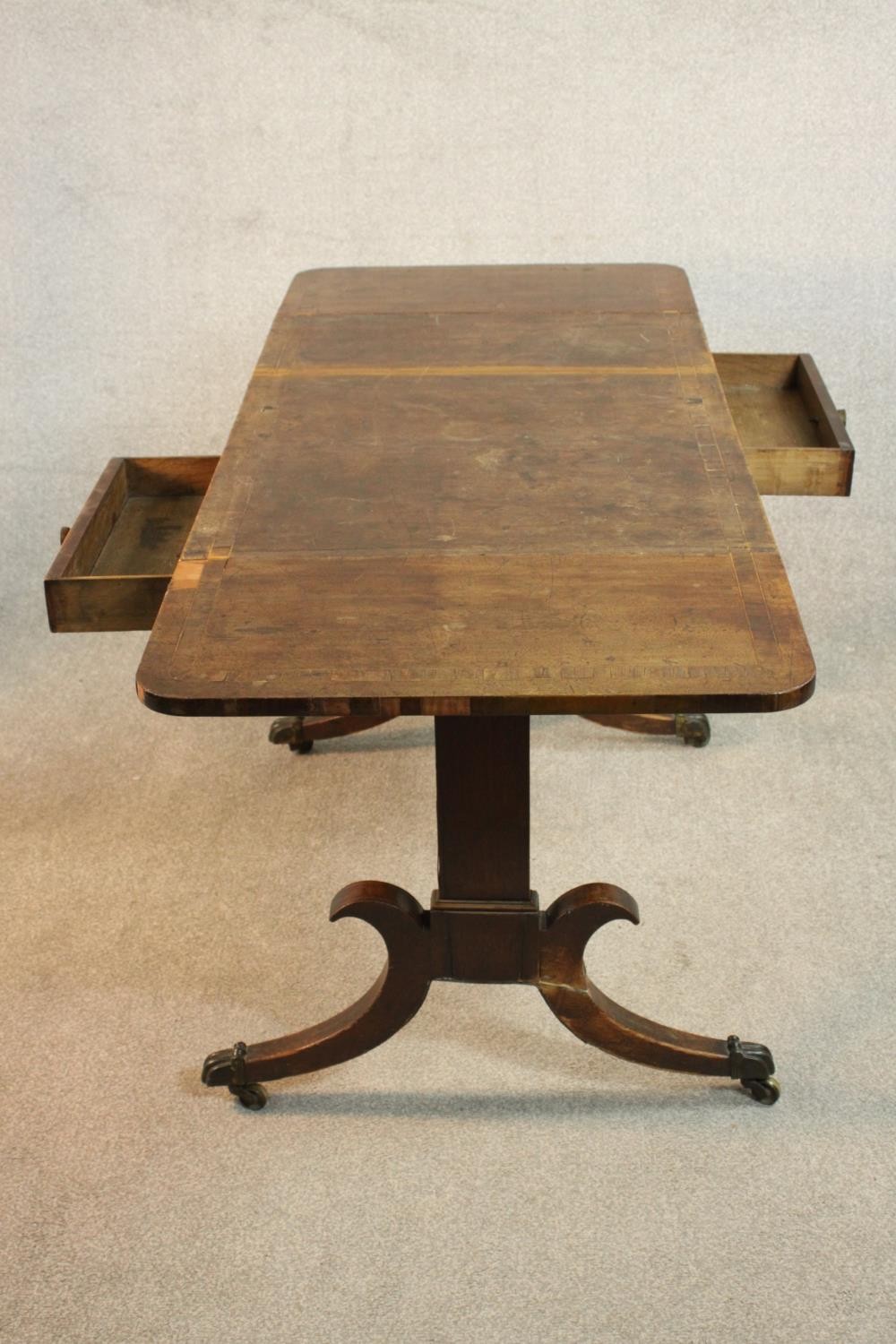A George III mahogany and crossbanded sofa table with two drop leaves and two drawers, on end - Image 6 of 9
