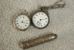 Two silver fob watches and a silver cheroot holder. An Elgin fob watch with white enamel face and