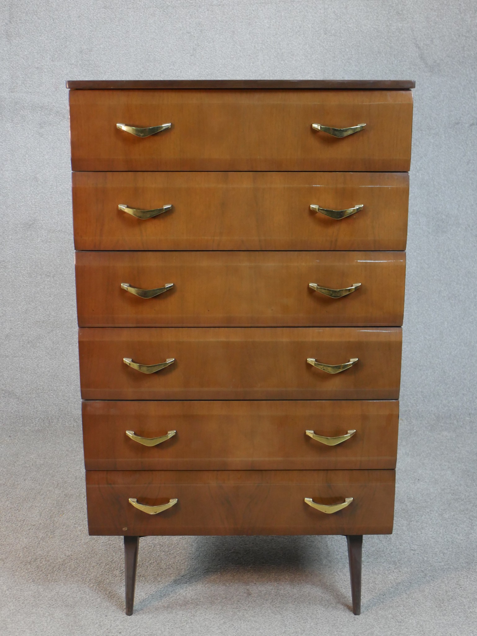 A mid century vintage laminated tallboy chest by Meredew Furniture. H.113 W.66 D.42cm