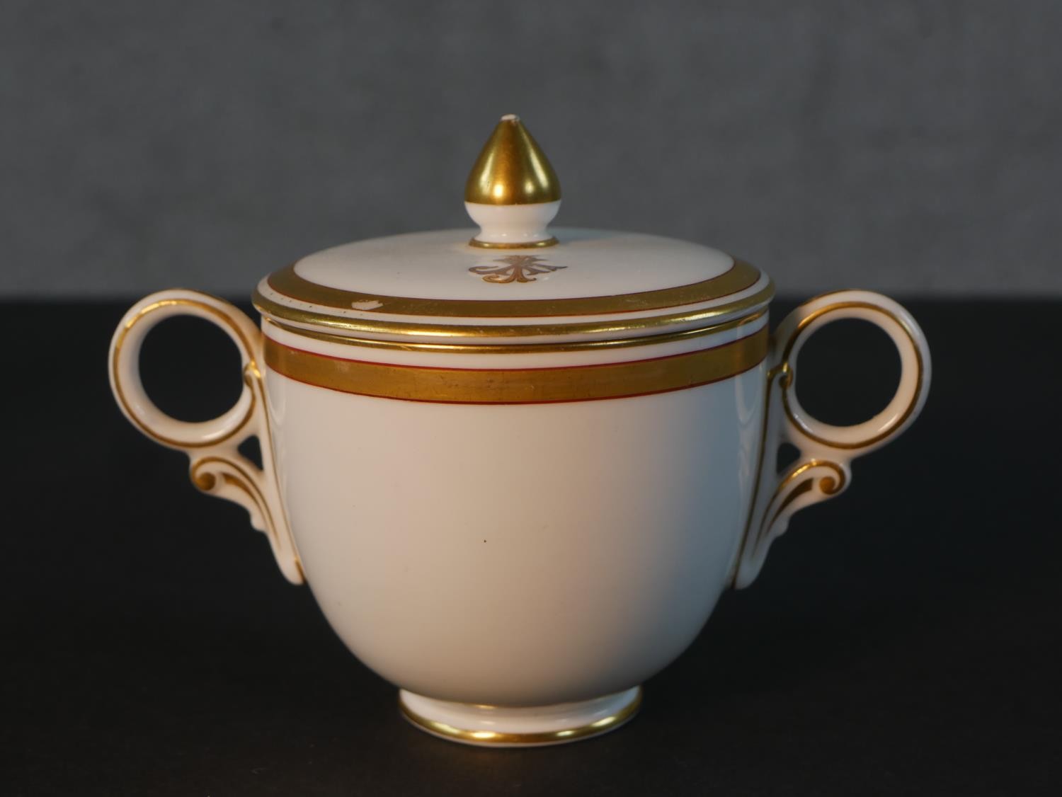 A 19th century Crown Derby gilded porcelain lidded twin handled hot chocolate cup and saucer. Each - Image 4 of 6