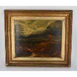 A 19th century framed oil on board of a river landscape with cows drinking and windmill in the