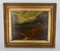 A 19th century framed oil on board of a river landscape with cows drinking and windmill in the