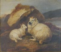 James Charles Morris, 19th Century, oil on board of a sheep with lamb by rocks, signed and inscribed