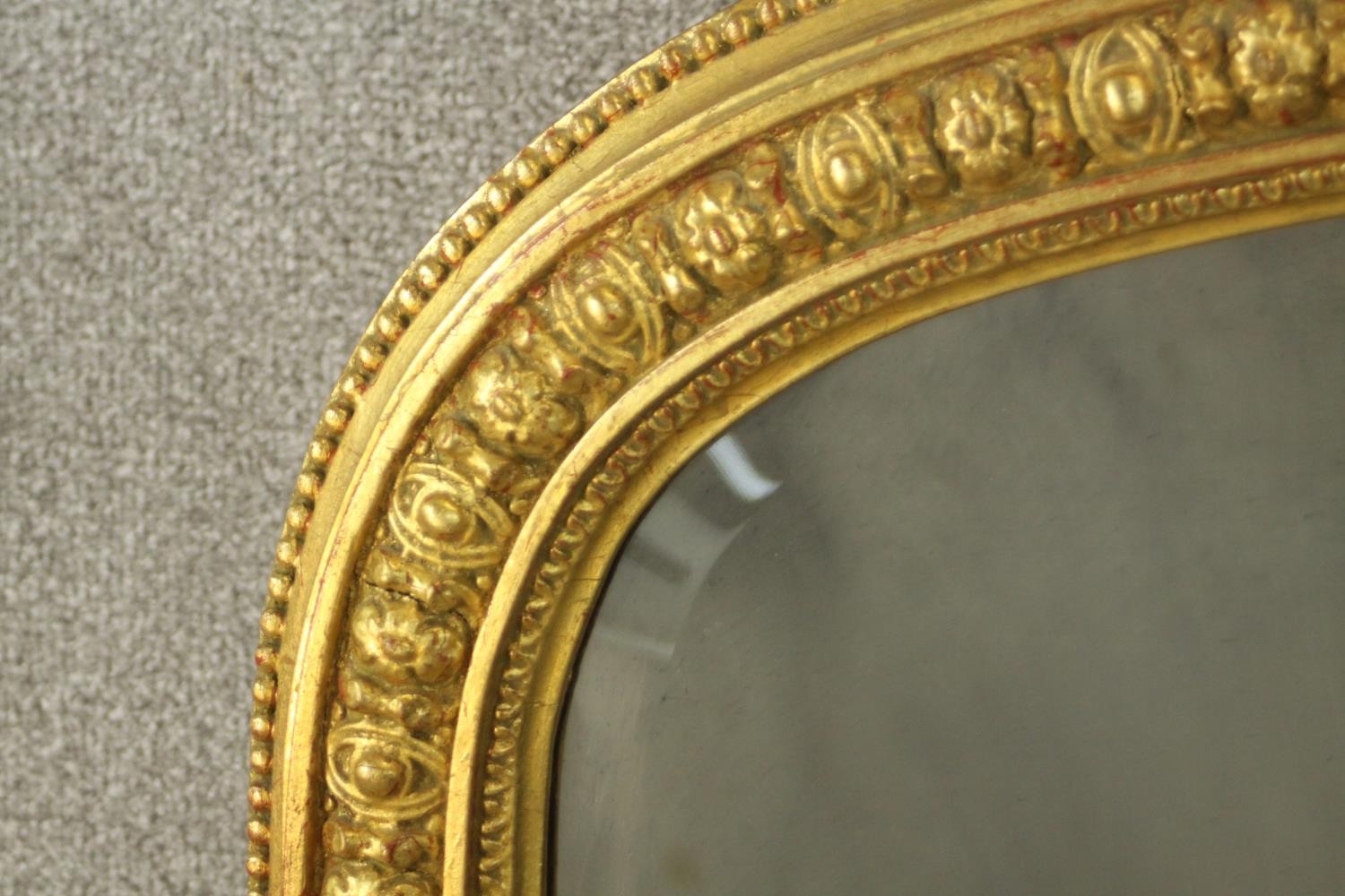 A Victorian gilt framed overmantel mirror, with a bevelled mirror plate, the frame with beaded and - Image 4 of 6