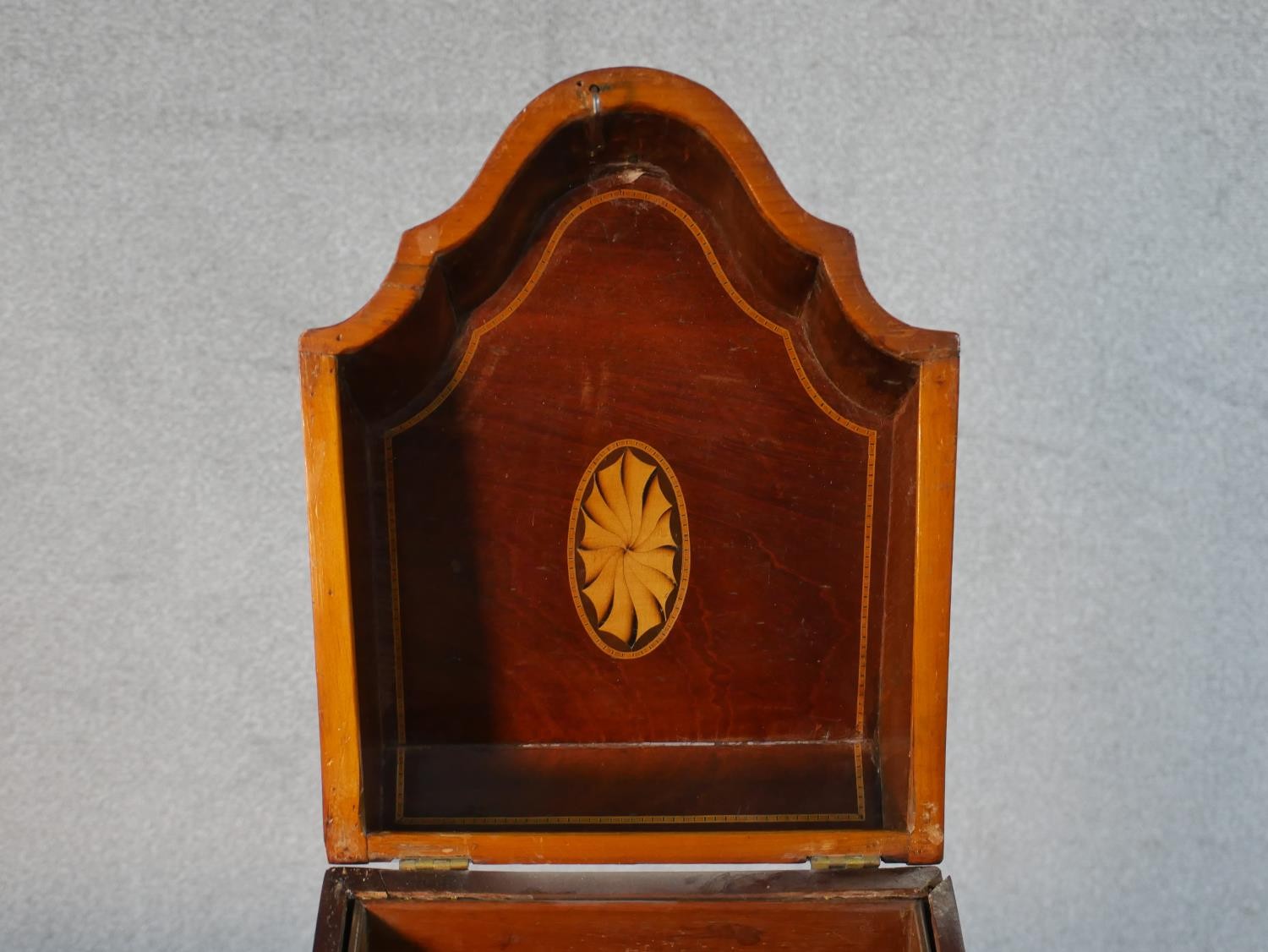 A 19th century flame mahogany and satin wood inlaid knife box with a white metal shield shape - Image 7 of 7