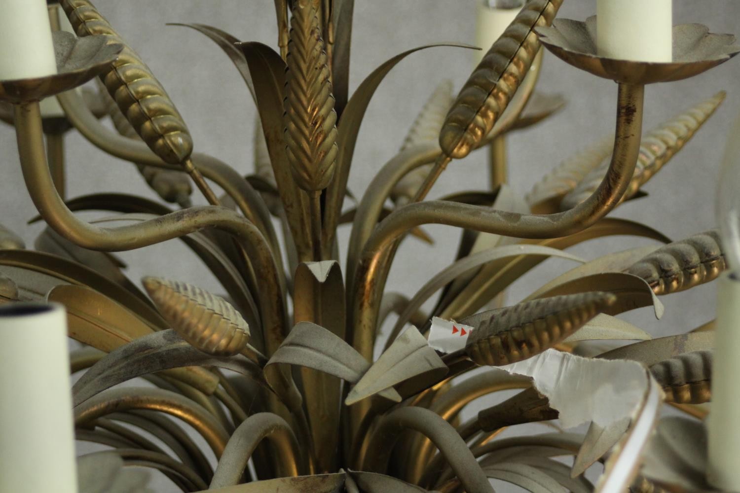 A Maison Jansen style brass and toleware chandelier, of wheatsheaf form, with twelve branches over - Image 6 of 7