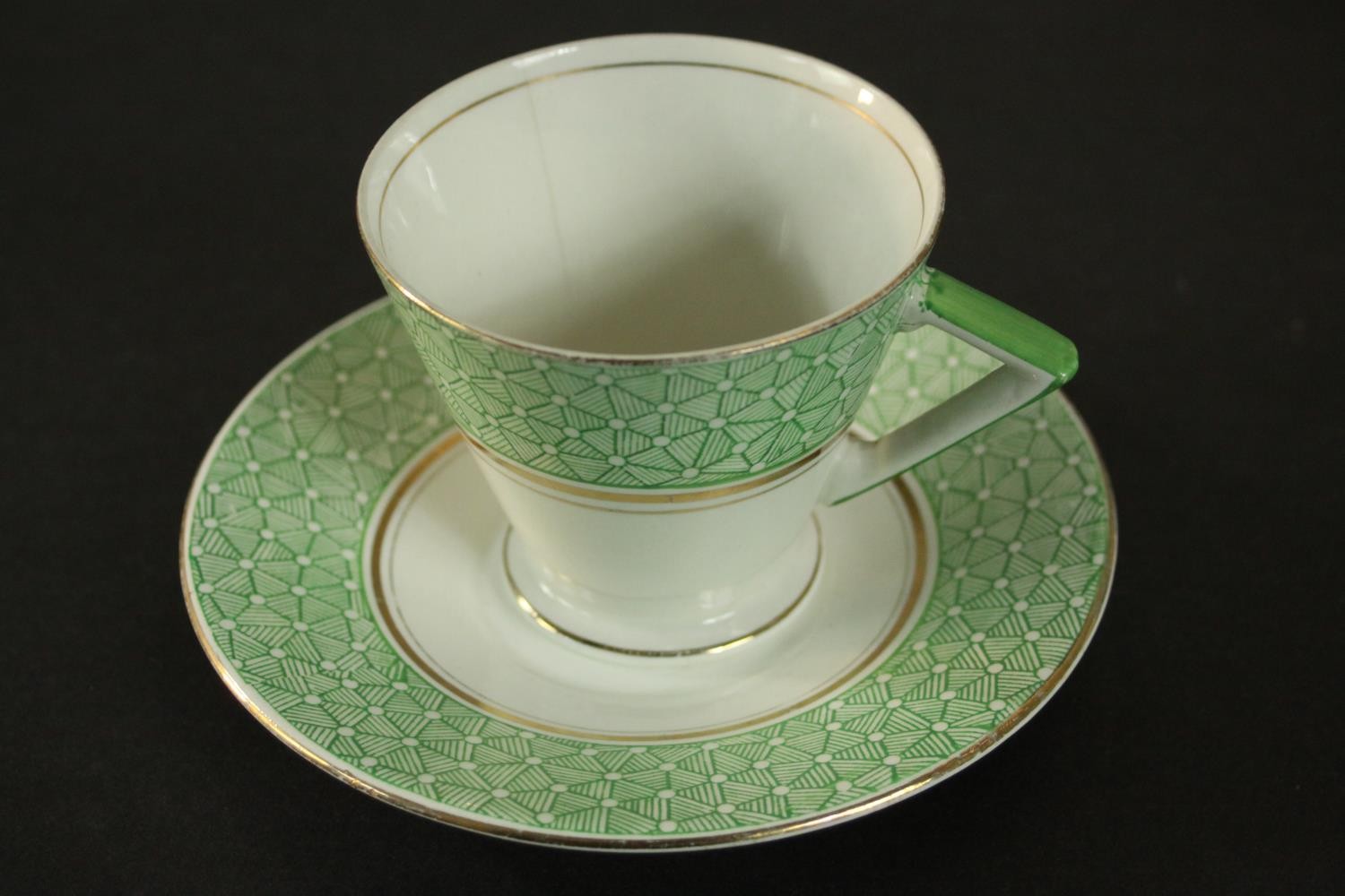 A circa 1940's Palissy Ware china coffee set, with printed green patterned borders. H.22 W.22cm. ( - Image 5 of 9