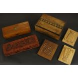 A collection of treen items, including three early 20th century boxes one with Tunbridge ware design