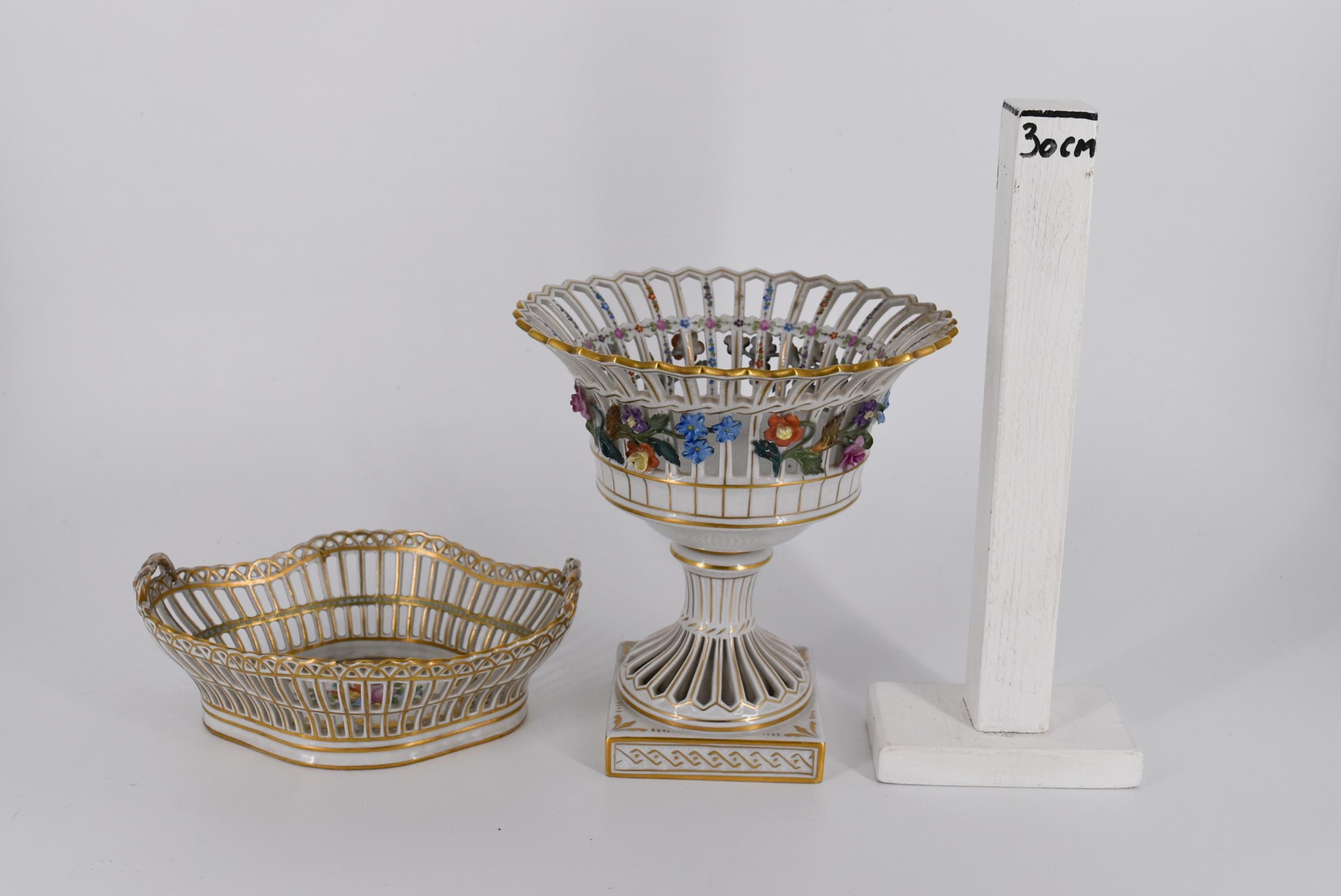 A 20th century Dresden porcelain comport, with a pierced and flared rim, encrusted with flowers, - Image 2 of 8