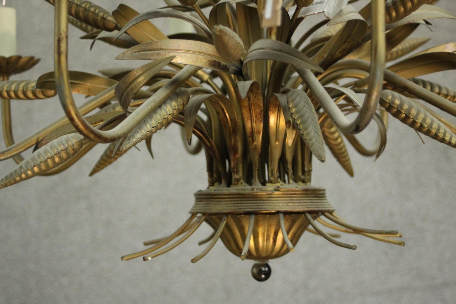 A Maison Jansen style brass and toleware chandelier, of wheatsheaf form, with twelve branches over - Image 5 of 7