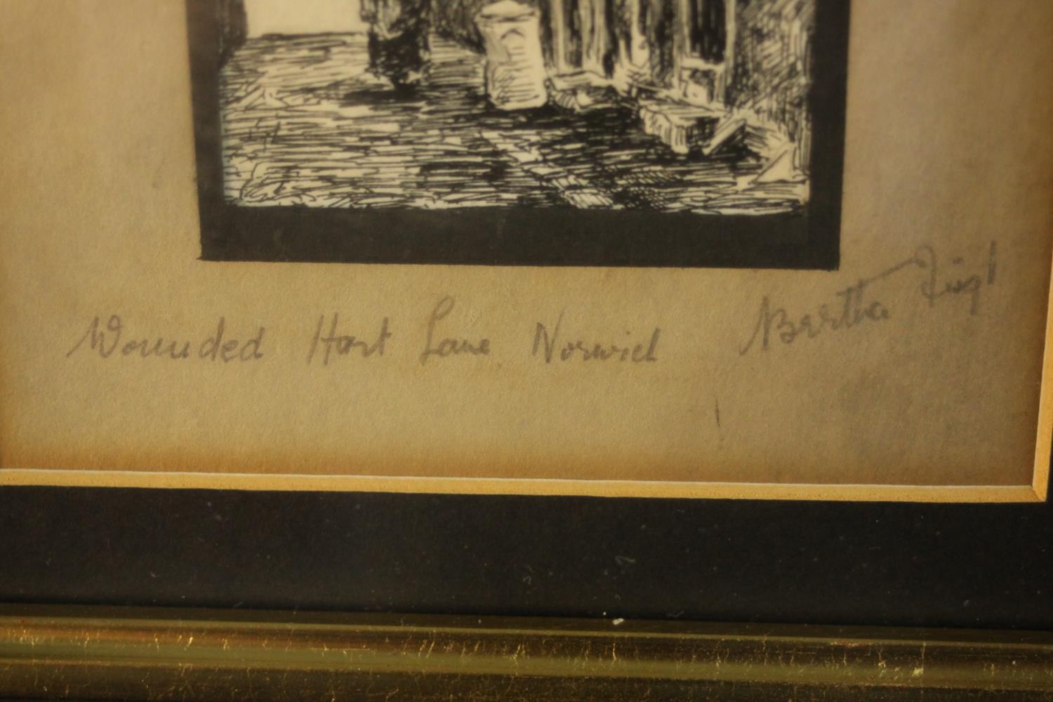 A framed pair of pen sketches of Norwich street scenes, each signed indistinctly and titled. H.49 - Image 8 of 9