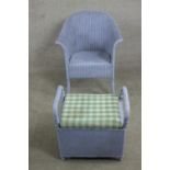 A lavender painted Lloyd Loom tub chair, together with a lavender painted Lloyd Loom piano stool