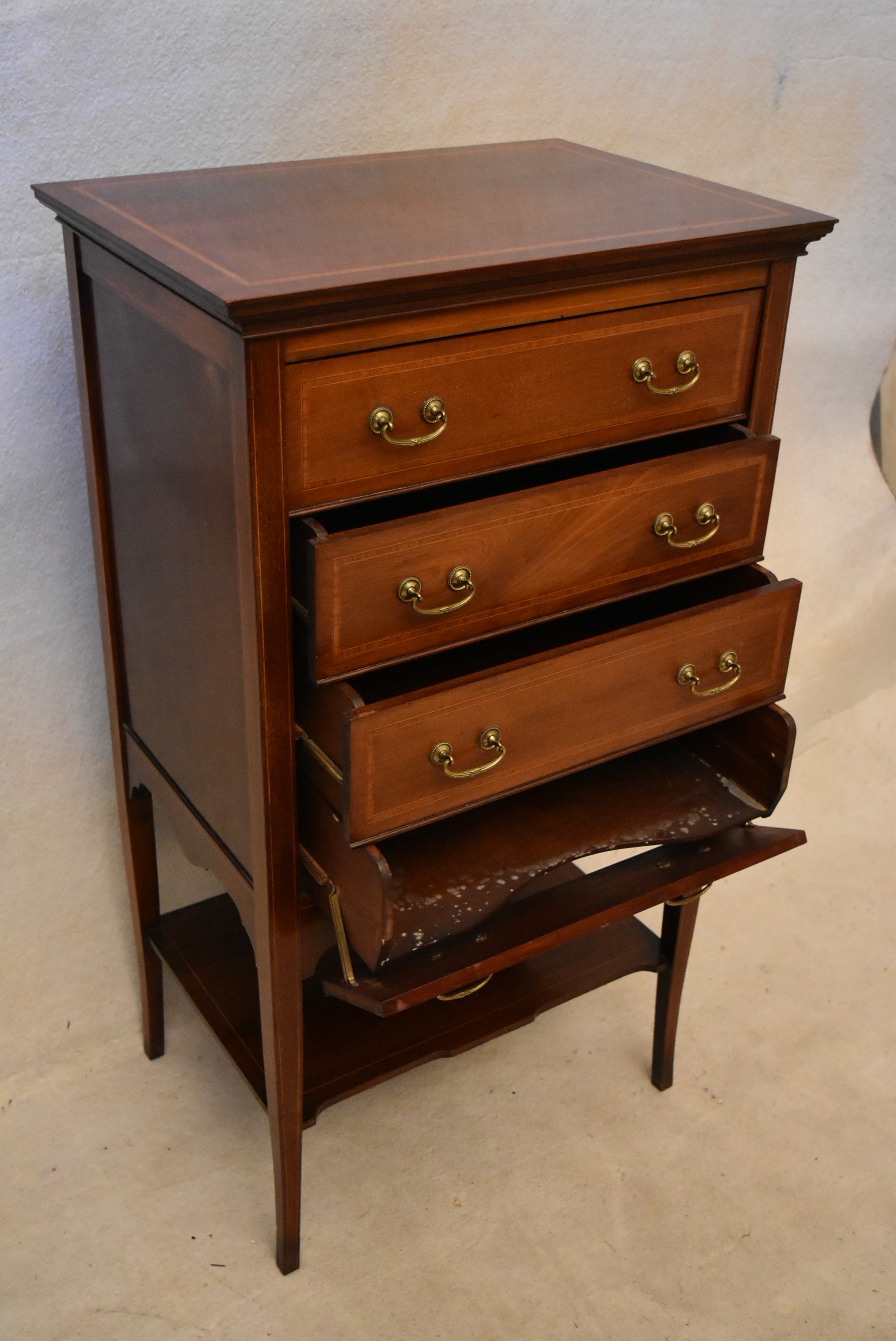 An Edwardian mahogany and inlaid music chest, the four long drawers with fall fronts over an - Image 4 of 5