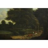 British 19th century school, Driving Cattle Along a Path, oil on canvas. H.66 W.75cm.