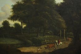 British 19th century school, Driving Cattle Along a Path, oil on canvas. H.66 W.75cm.