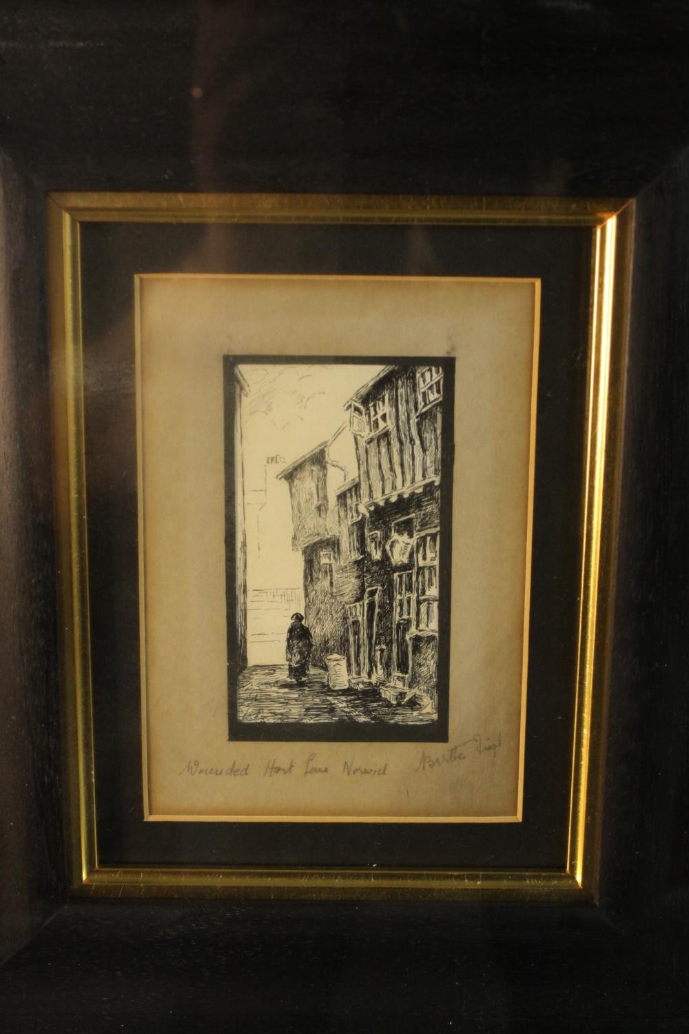 A framed pair of pen sketches of Norwich street scenes, each signed indistinctly and titled. H.49 - Image 3 of 9