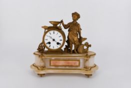 A 19th century gilt ormolu and white marble mantle clock with white enamel dial and black Roman